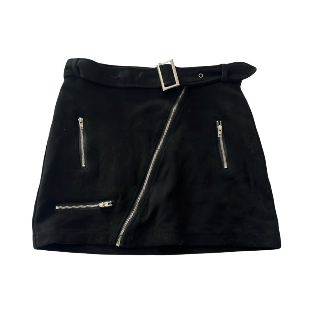 Black Mini Skirt Faux Suede with Silver Zippers Buckle Belt